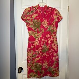 David Warren Petites Cheongsam Floral Dress Sz 12P Mandarin Collar Coral Green
